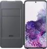 A gray flip case for a Samsung Galaxy S20 phone is shown open, with the phone's screen displaying a colorful wallpaper. Náhled obrázku produktu