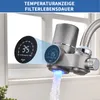 A close-up of a water filter attached to a faucet, showing a digital display and water flowing with blue light. Produktbild-Vorschau