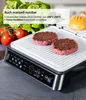A close-up of a grill with two burgers on it, with vegetables and a bun in the background. The grill has a digital display and control panel. Produktbild-Vorschau
