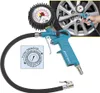 A tire pressure gauge and inflator gun is shown, with a smaller inset image showing a close-up of the gauge and a diagram. A hand is shown using the tool on a car tire in the background. Náhľad obrázku produktu