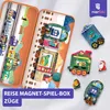 A collection of magnetic train pieces and a magnetic game box are displayed on a white surface. Produktbild-Vorschau