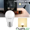 A product image featuring an LED lamp, with text overlays and a smaller inset image of the lamp illuminated. Produktbild-Vorschau