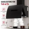 A black range hood is shown above a stovetop with steam rising from pots. Produktbild-Vorschau