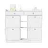 A white shoe cabinet with drawers and open shelves, decorated with small items on top. Podgląd zdjęcia produktu