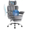 A gray office chair with graphics indicating its features. Produktbild-Vorschau