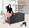 A woman is sitting on a large black storage box next to a plant, with marketing text and icons on the right side. Produktbild-Vorschau