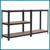 A black metal shelving unit with brown shelves against a white background. Podgląd zdjęcia produktu