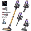 A cordless vacuum cleaner and its accessories are displayed against a white background, with a digital display showing battery status and power levels. Produktbild-Vorschau