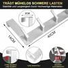 A collage of images showing a silver over-the-door hook rack with dimensions and details highlighted. Produktbild-Vorschau