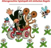 A cartoon illustration of a mole and a mouse riding a tricycle, with a bee flying nearby and flowers scattered around. Produktbild-Vorschau