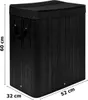 A black bamboo laundry basket with a lid and rope handles is shown from a slightly elevated, diagonal angle. Dimensions are indicated by measurement lines and text. Voir les images du produit