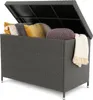 A grey wicker storage box filled with cushions and a blanket, with the lid open. Náhľad obrázku produktu