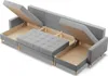 A grey sectional sofa with its storage compartments open, revealing the wooden interior and a grey ottoman. Produktbild-Vorschau