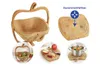 A collage showing a wooden apple-shaped basket, a wooden cutting board in the shape of an apple, and examples of its use. Podgląd zdjęcia produktu