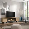 A modern living room with a TV stand featuring an electric fireplace, artwork on the wall, and a window with curtains. Produktbild-Vorschau
