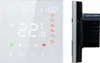A white smart thermostat with a digital display and icons, shown from the front and side. Náhľad obrázku produktu