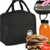 A collage showing a black lunch bag, a bottle of orange juice, and a sandwich. Podgląd zdjęcia produktu