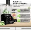 A TurboTronic Electromix Pro Max food processor and blender is shown on a kitchen counter with sliced cucumbers and a blender jug filled with fruit. Produktbild-Vorschau