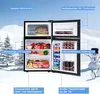 A mini-refrigerator is shown in a snowy outdoor setting with labels pointing out its features. Produktbild-Vorschau