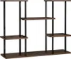 A multi-tiered plant stand with a metal frame and wooden shelves against a white background. Podgląd zdjęcia produktu