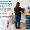 A woman stands at a height-adjustable desk, demonstrating its ergonomic benefits. The image also features a doctor and a certificate. Náhľad obrázku produktu