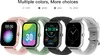Four smartwatches in different colors are displayed side-by-side against a white background. Produktbild-Vorschau