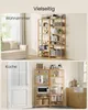 A collage showing a SONGMICS bamboo shelving unit in a living room and a kitchen setting. Produktbild-Vorschau