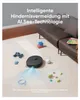A robot vacuum cleaner navigating around toys on a carpeted floor, with a sofa in the background. Voir les images du produit