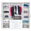 An open wardrobe with clothes hanging and folded items on shelves, and drawers at the bottom. Produktbild-Vorschau