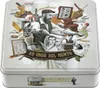 A collage of vintage barber shop imagery, including barbers, customers, barber poles, and grooming tools, all on a metal box. Náhled obrázku produktu