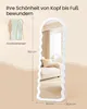 A full-length mirror with a wavy frame is shown in a room with a sofa and curtains. Dimensions are indicated. Produktbild-Vorschau