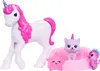 A toy unicorn with pink mane and tail, a purple cat with a unicorn horn, a pink starfish, and a purple seahorse are arranged on a white background. Voir les images du produit