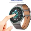 A finger touching a smartwatch screen, with text overlays highlighting features. Produktbild-Vorschau
