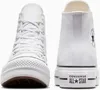 A front and back view of a pair of white Converse Chuck Taylor All Star high-top sneakers with a platform sole. Voir les images du produit