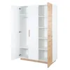An open three-door wardrobe with white doors and a wood-effect accent on one door. Produktbild-Vorschau