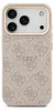 A close-up, front-facing view of a pink iPhone case with a repeating GUESS logo pattern and gold trim around the camera cutout. Anteprima dell’immagine prodotto