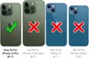 Four iPhone cases are shown side-by-side, with checkmarks and crosses indicating compatibility. Produktbild-Vorschau