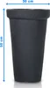 A tall, dark gray planter pot with dimensions indicated by blue arrows and text. Produktbild-Vorschau