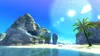 A tropical beach scene with rocky islands and palm trees under a bright sunny sky. Produktbild-Vorschau