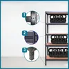 A metal shelving unit with kettlebells on the shelves, with close-up diagrams highlighting assembly features. Podgląd zdjęcia produktu