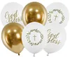 Sechs elegante Kommunion-Luftballons in Weiß und Gold mit „God Bless“-Schriftzug sowie Kreuz- und Kranzmotiven. Náhled obrázku produktu