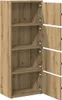 A wooden bookshelf with four shelves and two doors, shown from the front with the doors open. Produktbild-Vorschau