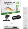 The image shows the packaging of an Octagon Spirit White 4K UHD Android TV Box, along with its accessories: a power adapter, an HDMI cable, and a remote control. Produktbild-Vorschau