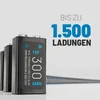 Several 9V batteries are lined up, with text overlay indicating "BIS ZU 1.500 LADUNGEN" (Up to 1,500 charges) and a prominent "300" on the front battery, likely referring to mAh capacity. Produktbild-Vorschau