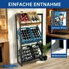 A metal shelving unit holding crates of bottles and apples, with inset images highlighting features. Produktbild-Vorschau