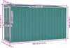 A green metal shed with dimensions indicated by text overlays. Náhled obrázku produktu