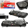 A collage of images showing a double electric hot plate and its packaging. Náhľad obrázku produktu