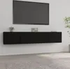 A wall-mounted black TV cabinet with a television mounted above it. Produktbild-Vorschau