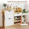 A shoe cabinet with storage drawers and shelves, decorated with a handbag, flowers, and decorative items. Voir les images du produit