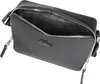 A black Lacoste leather crossbody bag is shown from a slightly elevated angle, with the main compartment open. Voir les images du produit